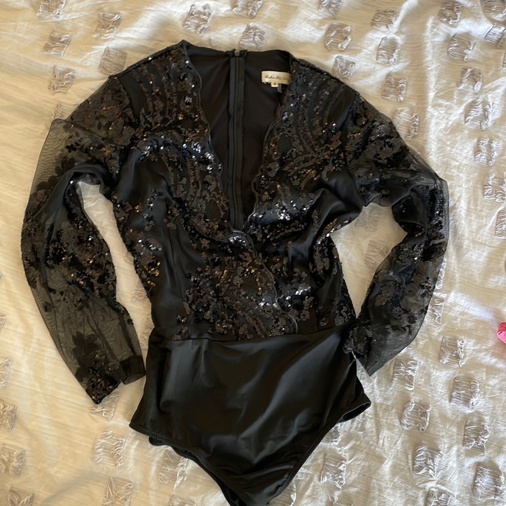 Black Sequin Long Sleeve Body Suit with Deep V-Neck